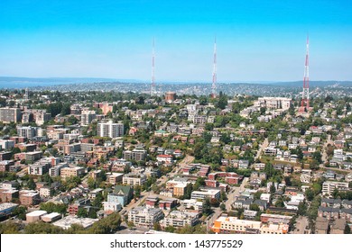 Aerial View Of Queen Anne Hill Neighborhood In Seattle, Washington As Seen From Space Needle