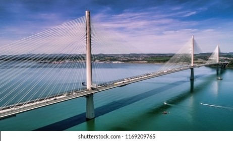 Aerial View Of The Queensferry Crossing Bridge Near Edinburgh.