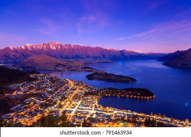 Aerial view of Queenstown downtown at dusk twilight, South Island, New Zealand