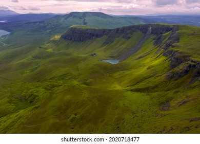 Aerial view of the Quiraing, landslip on the eastern face of Meall na Suiramach, Isle of skye, Scotland.