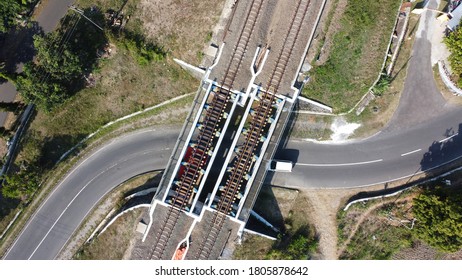 Aerial View Of The Railroad Tracks Above The Highway