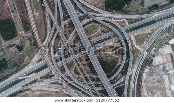 Aerial view of railway, highway and overpass on\
Luoshan road, Shanghai