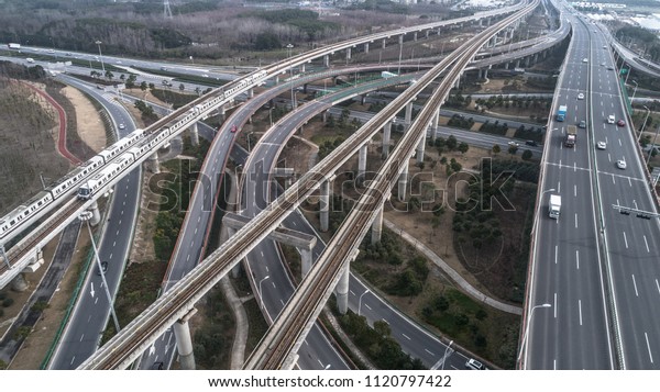 Aerial view of railway, highway and overpass on
Luoshan road, Shanghai