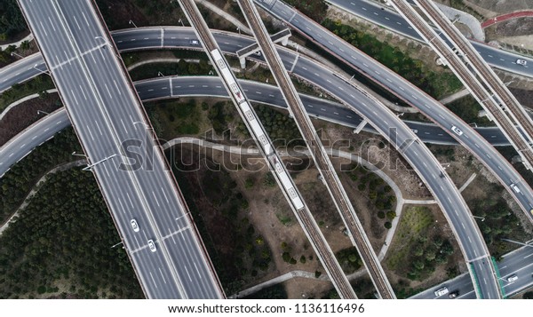 Aerial view of railway, highway and overpass on\
Luoshan road, Shanghai