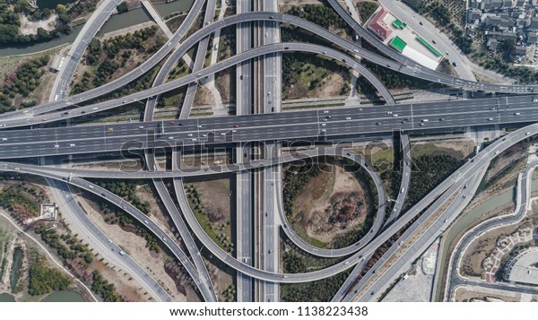 Aerial view of railway, highway and overpass on
Middle Huaxia road,
Shanghai