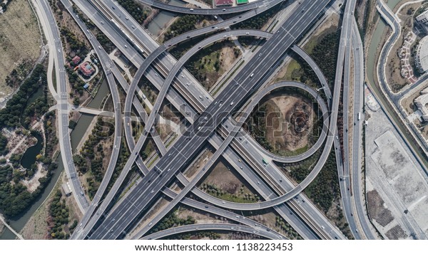 Aerial view of railway, highway and overpass on\
Middle Huaxia road,\
Shanghai