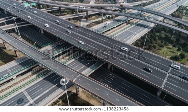 Aerial view of railway, highway and overpass on\
Middle Huaxia road,\
Shanghai