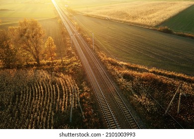 Aerial view of railway through agricultural fields at sunset, countryside landscape with railroad, bird eye view