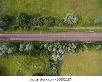 Aerial View Of Railway Track In Rural Area In Germany