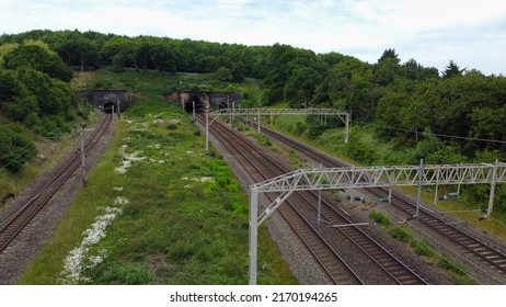 aerial view of Railway Train Tracks at Leighton Buzzard town of England UK