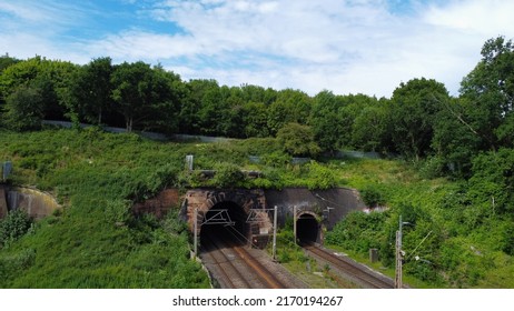 Aerial View Of Railway Train Tracks At Leighton Buzzard Town Of England UK