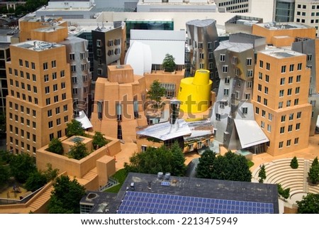 Aerial view of Ray and Maria Stata Center on the Massachussets Institute of Technology (MIT) campus, Cambridge, Massachusetts MA, USA.