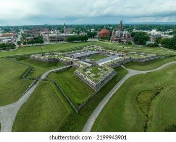 Aerial View Of Reconstructed Wooden Star Fort With Bastions And Cannons In Rome New York