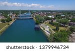 Aerial view of recreational canal area in smalltown Ontario park.