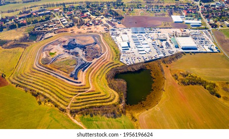 Aerial View Of Recultivated  Landscape After Mining. Dump From Old Underground Mine. Climate Change Concept. Back To Nature. Western Bohemia, Czech Republic, European Union.