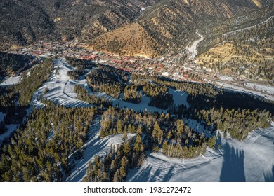 Aerial View Of Red River Ski Town In New Mexico Mountains