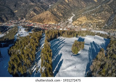 Aerial View Of Red River Ski Town In New Mexico Mountains