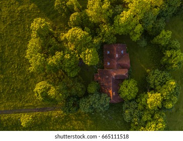 Aerial View Of Red Roof House