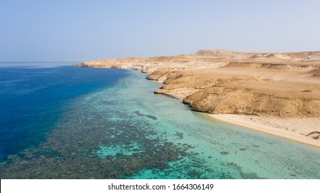 Aerial View Red Sea Corals And Sandy Island, Egypt