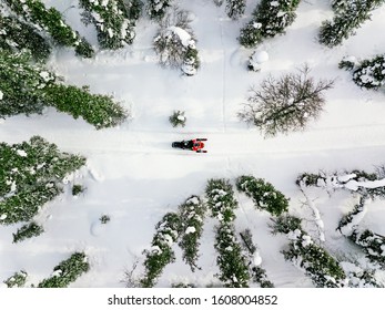 Aerial view of red snowmobile in snow covered winter forest in rural Finland, Lapland - Powered by Shutterstock