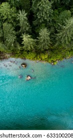 Aerial View Of Redwood Trees By A River