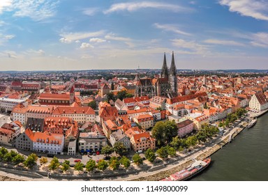 Aerial view of Regensburg city, Germany. Danube river, architecture, Regensburg Cathedral and Stone Bridge