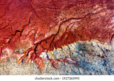 Aerial View Of A Reservoir Full Of Red Toxic Sludge. Red Mud Storage