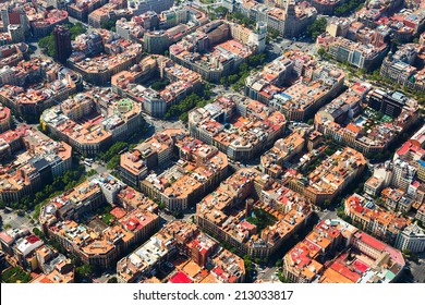 Aerial View  Of  Residence Districts In European City. Eixample  District. Barcelona,  Spain