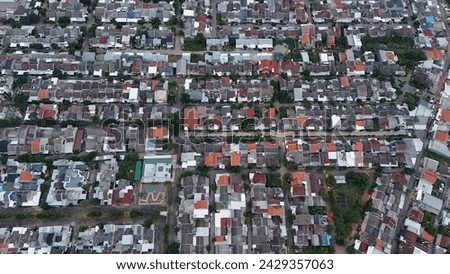 aerial view of residential areas on the Indonesian island of Java. densely populated settlements that use up agricultural land.