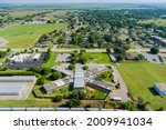 Aerial view of residential district at suburban development with a american town Clinton Oklahoma US