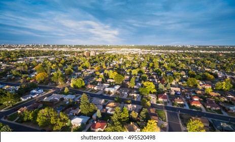 Aerial View Of Residential Neighborhood In The Autumn.