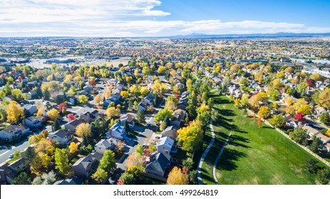 Aerial View Of Residential Neighborhood In The Autumn.