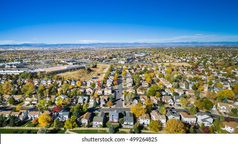 Aerial View Of Residential Neighborhood In The Autumn.