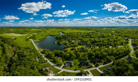 Aerial View Of  A Residential Neighborhood By A Lake Near Georgetown, Kentucky