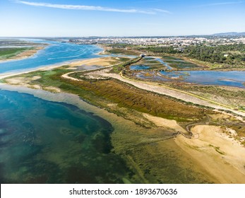 Aerial view of Ria Formosa Natural Park and town of Olhao, Algarve, south of Portugal