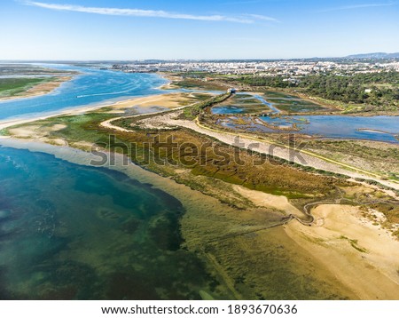 Aerial view of Ria Formosa Natural Park and town of Olhao, Algarve, south of Portugal