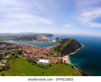 Aerial view of Ribadesella and its estuary in Asturias, Spain.