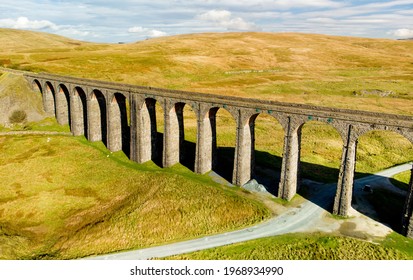 Aerial view of Ribblehead viaduct, located in North Yorkshire, the longest and the third tallest structure on the Settle-Carlisle line. Tourist attractions in Yorkshire Dales National Park, England. - Shutterstock ID 1968934990