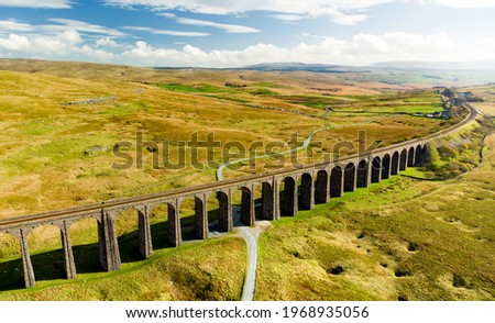 Aerial view of Ribblehead viaduct, located in North Yorkshire, the longest and the third tallest structure on the Settle-Carlisle line. Tourist attractions in Yorkshire Dales National Park, England.