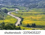 Aerial view of rice field or rice terraces , Sapa, Vietnam. Lao Chai village, Ta Van valley