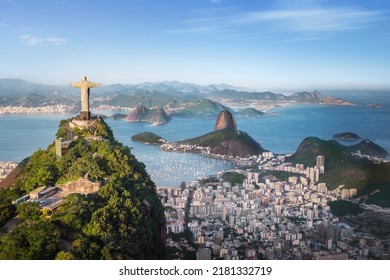 Aerial view of Rio with Corcovado Mountain, Sugarloaf Mountain and Guanabara Bay - Rio de Janeiro, Brazil - Powered by Shutterstock