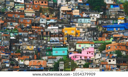 Aerial view of Rio's Rocinha favela, on a sunny afternoon.