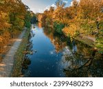 Aerial view to river Brda in Bydgoszcz at autumn, Poland. Polish golden autumn in nature.