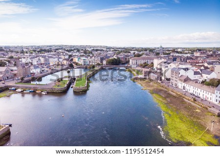An aerial view of the River Corrib, the Claddagh Basin and the street known as The Long Walk in Galway, Ireland.