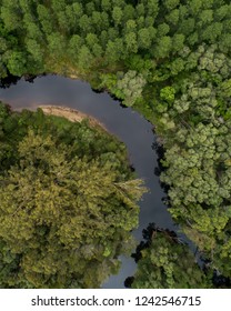 Aerial View Of A River In The Glass House Moutain Forest In Australia