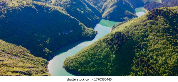 Aerial View Of River And Mountains In Summer. Non Urban Scene