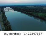 aerial view of the river Po at sunset near Casalmaggiore, Cremona, Italy