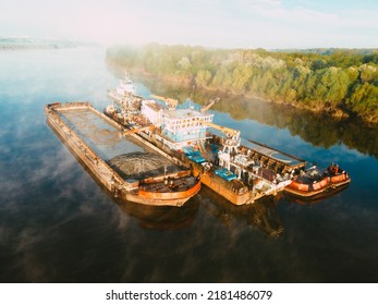 Aerial View Of The River Sand Mining Barge