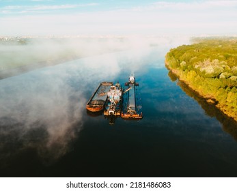 Aerial View Of The River Sand Mining Barge