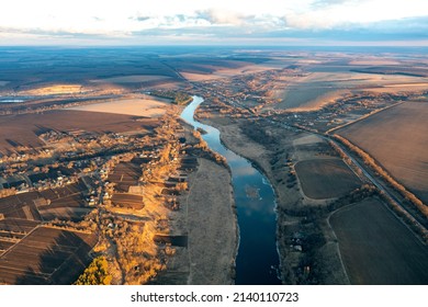 Aerial View Of The River Stretching Into The Distance, Blue Winding River